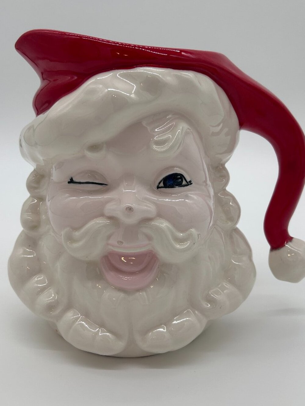 Vintage Winking Santa Claus Christmas Ceramic Pitcher Jug Japan MCM